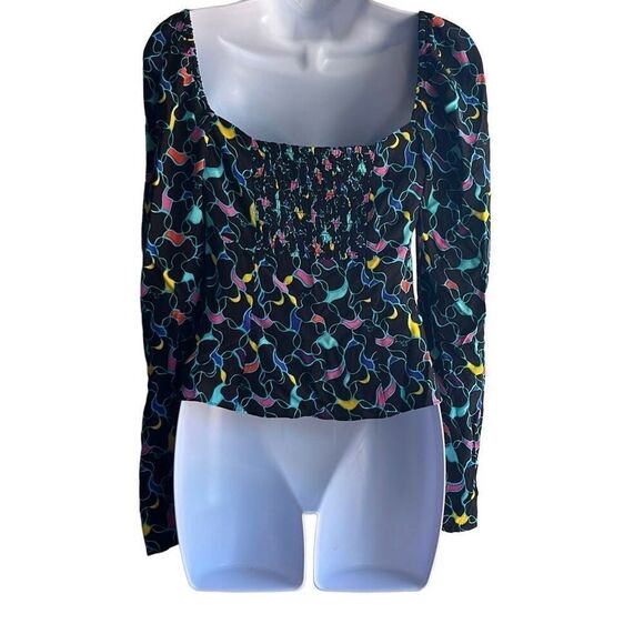 Staud Josephine Black Colorful Logo Print Side Zip Sweetheart Neck Top Blouse 12 - Picture 3 of 15